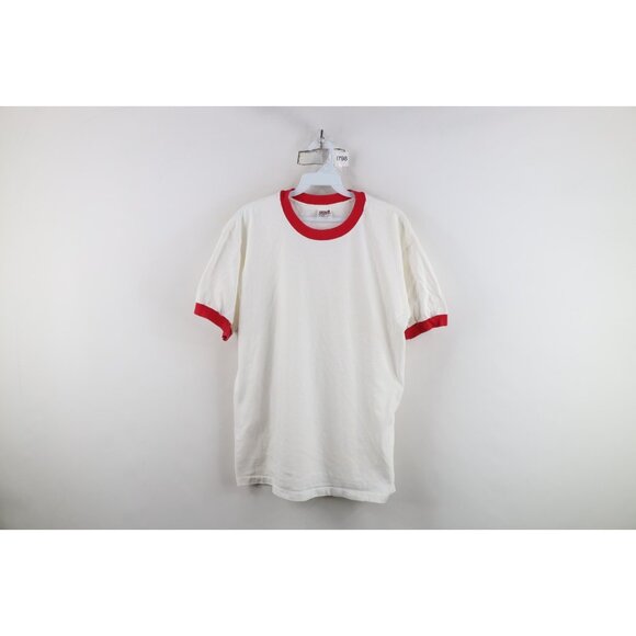 Vtg 90s Streetwear Mens Large Blank Short Sleeve Ringer T-Shirt White Red USA - Picture 1 of 12